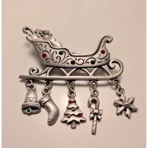 JJ Jonette Brooch Pin Pewter-Tone Holiday Sleigh Red Green Rhinestone Christmas